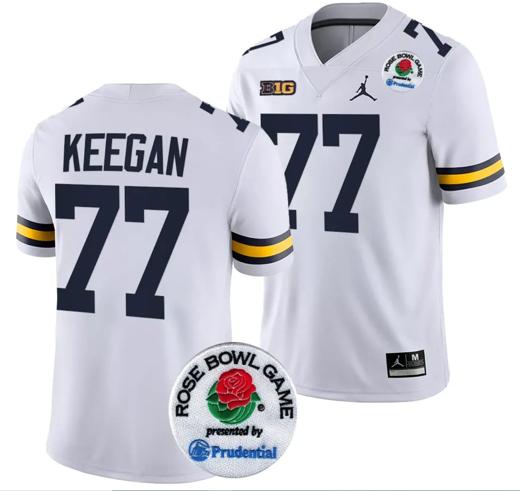 Men's Trevor Keegan Jersey #77 Michigan Wolverines Rose Bowl Game 2024 Patch College Football Playoff White