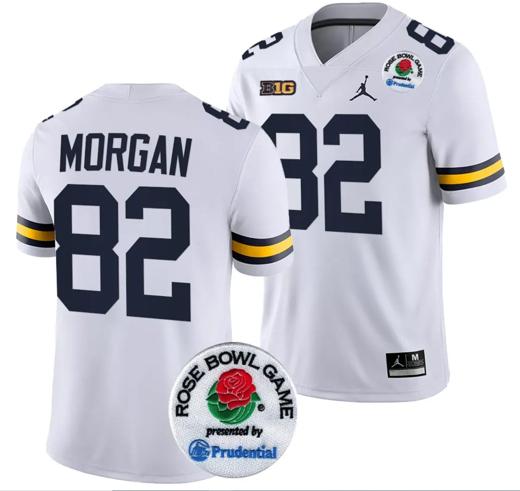 Men's Semaj Morgan Jersey #82 Michigan Wolverines Rose Bowl Game 2024 Patch College Football Playoff White