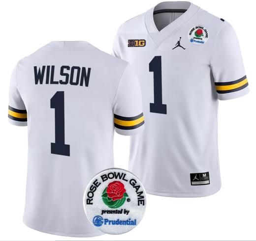 Men's Roman Wilson Jersey #1 Michigan Wolverines Rose Bowl Game 2024 Patch College Football Playoff White