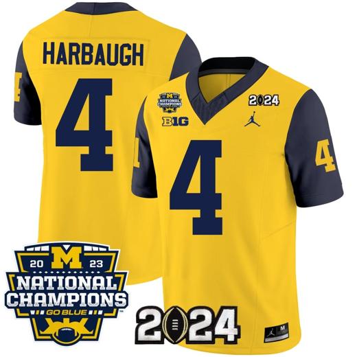 Men's Jim Harbaugh Jersey #4 Michigan Wolverines Vapor Limited Football 2024 National Champions Patch Navy Sleeves