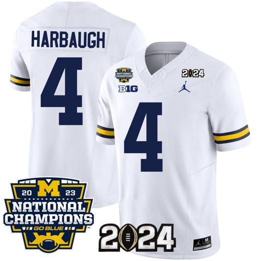 Men's Jim Harbaugh Jersey #4 Michigan Wolverines Vapor Limited Football 2024 National Champions Patch White