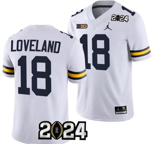 Men's Colston Loveland Jersey #18 Michigan Wolverines 2024 Football National Championship Playoff White