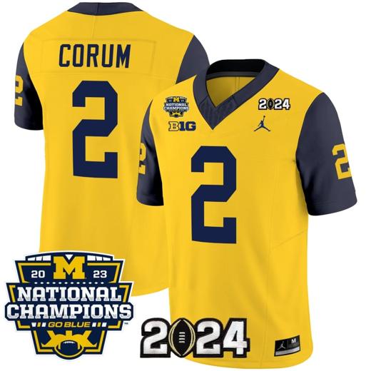 Men's Blake Corum Jersey #2 Michigan Wolverines Vapor Limited Football 2024 National Champions Patch Navy Sleeves