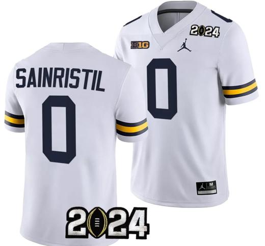 Men's Mike Sainristil Jersey #0 Michigan Wolverines 2024 Football National Championship Playoff White