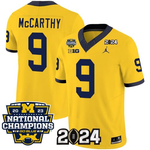 Men's JJ McCarthy Jersey #9 Michigan Wolverines Vapor Limited Football 2024 National Champions Patch Maize