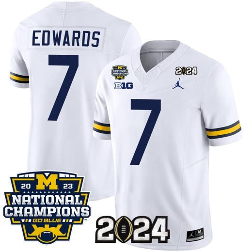 Men's Donovan Edwards Jersey #7 Michigan Wolverines Vapor Limited Football 2024 National Champions Patch White