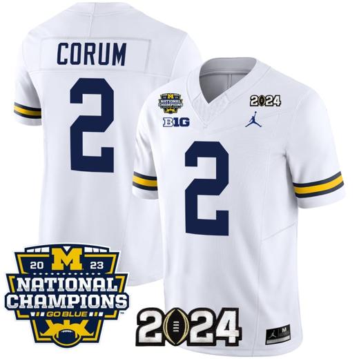 Men's Blake Corum Jersey #2 Michigan Wolverines Vapor Limited Football 2024 National Champions Patch White