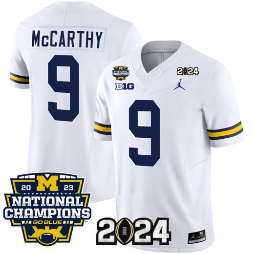 Men's JJ McCarthy Jersey #9 Michigan Wolverines Vapor Limited Football 2024 National Champions Patch White