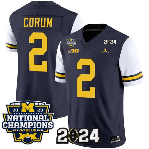 Men's Blake Corum Jersey #2 Michigan Wolverines Vapor Limited Football 2024 National Champions Patch White Sleeves