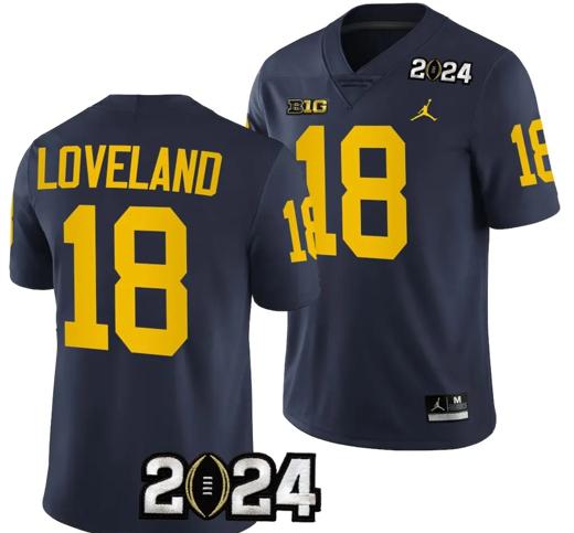 Men's Colston Loveland Jersey #18 Michigan Wolverines 2024 Football National Championship Playoff Navy