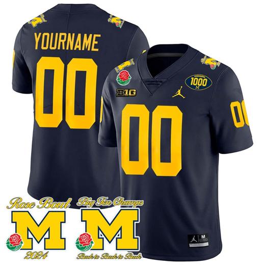 Men's Custom Michigan Wolverines Jersey Name and Number 1000 Wins Rose Bowl Big Ten Champs Patch Navy