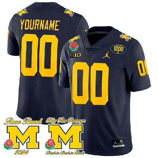 Men's Custom Michigan Wolverines Jersey Name and Number Vapor Rose Bowl Big Ten Champs Patch Football Navy