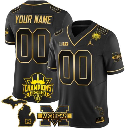 Men's Custom Michigan Wolverines Jersey Name and Number 2023 Big Ten Champions Patch Black Gold