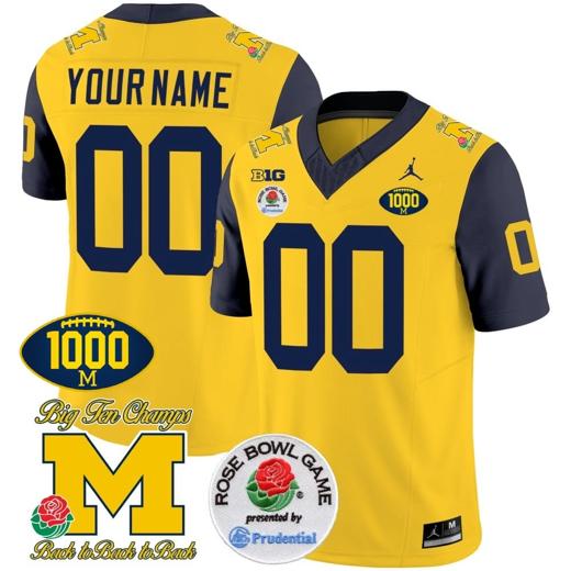 Men's Custom Michigan Wolverines Jersey Name and Number 1000 Wins Rose Bowl Patch Navy Sleeves