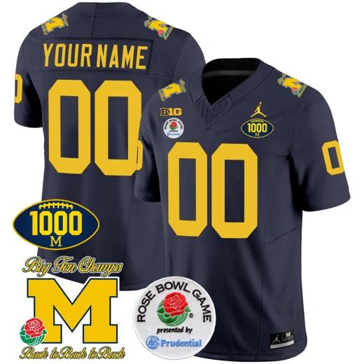 Men's Custom Michigan Wolverines Jersey Name and Number 1000 Wins Rose Bowl Patch Navy