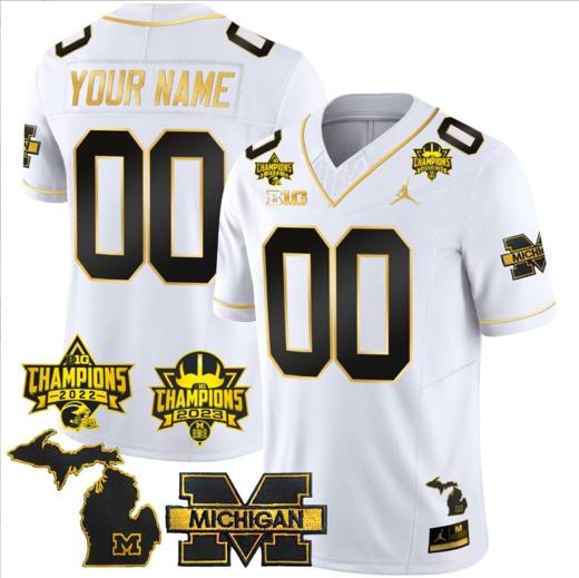 Men's Custom Michigan Wolverines Jersey Name and Number 2023 Big Ten Back to Back Champions Patch White Gold