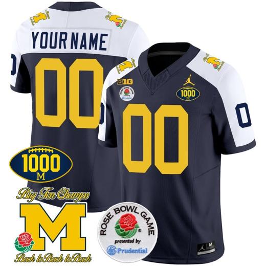 Men's Custom Michigan Wolverines Jersey Name and Number 1000 Wins Rose Bowl Patch Alternate