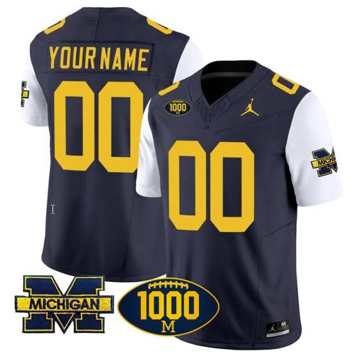 Men's Custom Michigan Wolverines Jersey Name and Number 1000 Wins Patch Vapor College Football White Sleeves