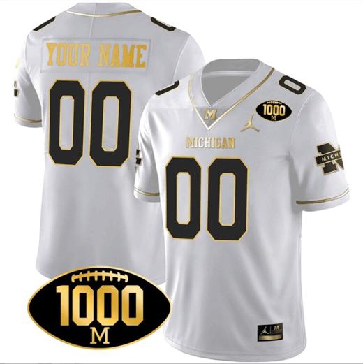 Men's Custom Michigan Wolverines Jersey Name and Number 1000 Wins Patch Football All Stitched White Gold