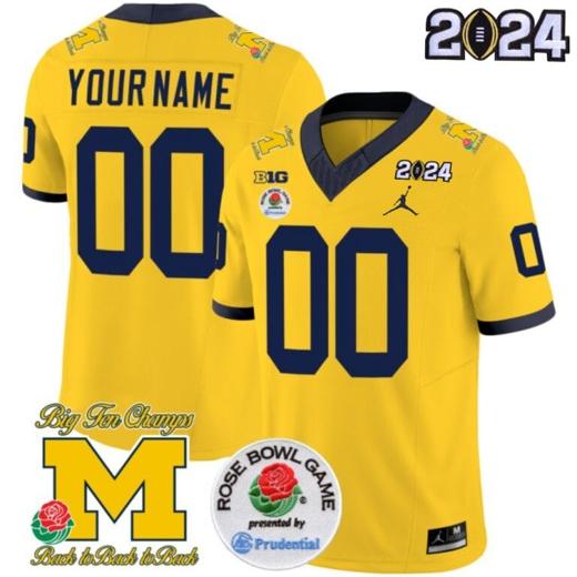 Men's Custom Michigan Wolverines Jersey Name and Number Vapor Limited 2024 College Football Bowl + Rose Bowl Patch Maize