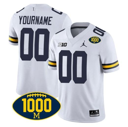 Men's Custom Michigan Wolverines Jersey Name and Number 1000 Wins Patch Football White