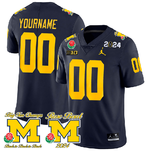 Men's Custom Michigan Wolverines Jersey Name and Number Vapor Rose Bowl + 2024 CFP + Big Ten Champs Patch Football Navy