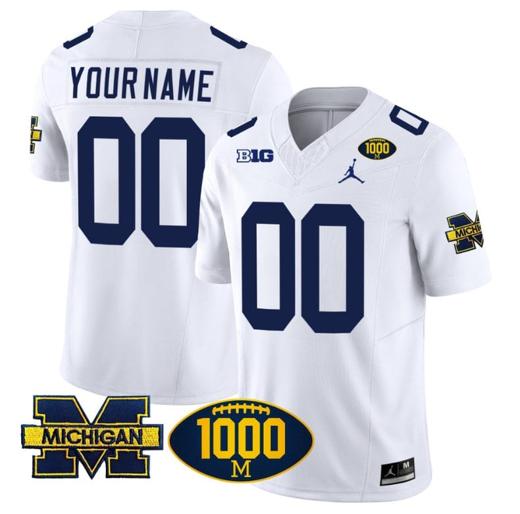 Men's Custom Michigan Wolverines Jersey Name and Number 1000 Wins Patch Vapor Limited Football White