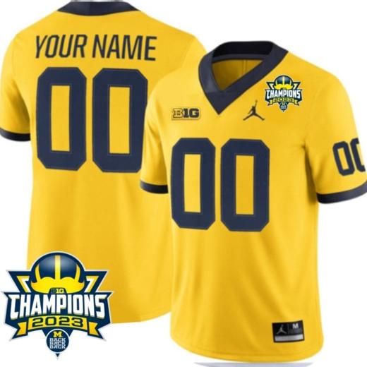 Men's Custom Michigan Wolverines Jersey Name and Number 2023 Big Ten Champions Patch Maize