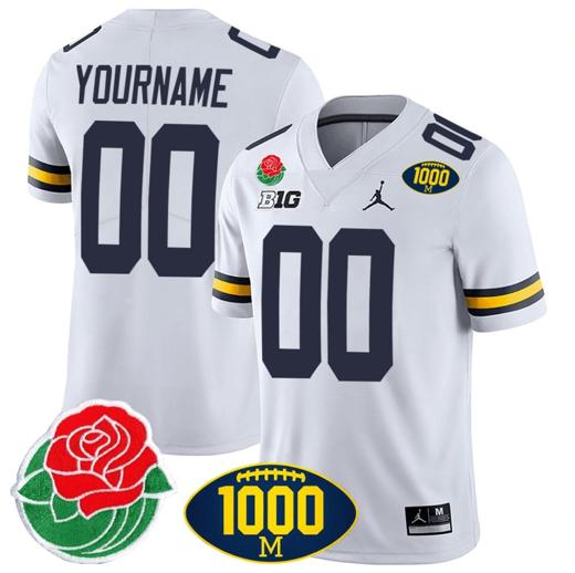 Men's Custom Michigan Wolverines Jersey Name and Number 1000 Wins & Rose Bowl Patch Special White