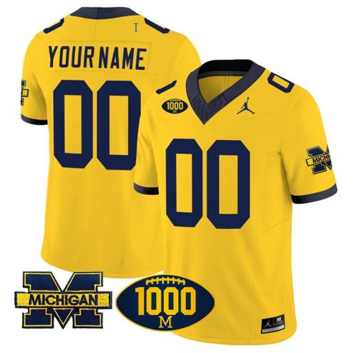 Men's Custom Michigan Wolverines Jersey Name and Number 1000 Wins Patch Vapor College Football Maize