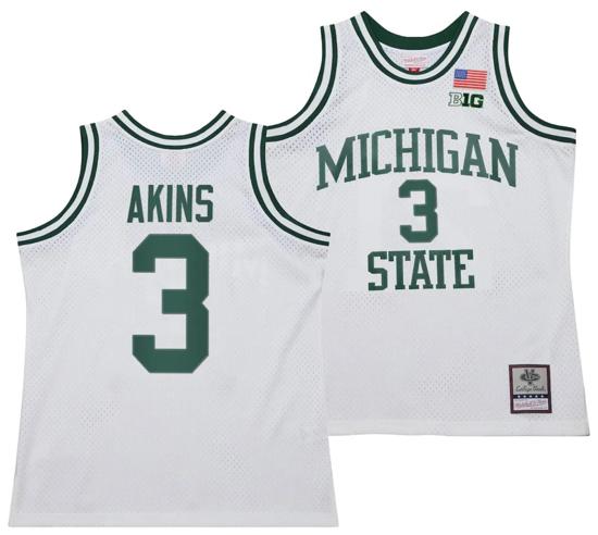 Men's Jaden Akins Jersey #3 Michigan State Spartans 125th Basketball Anniversary 1990 Throwback White