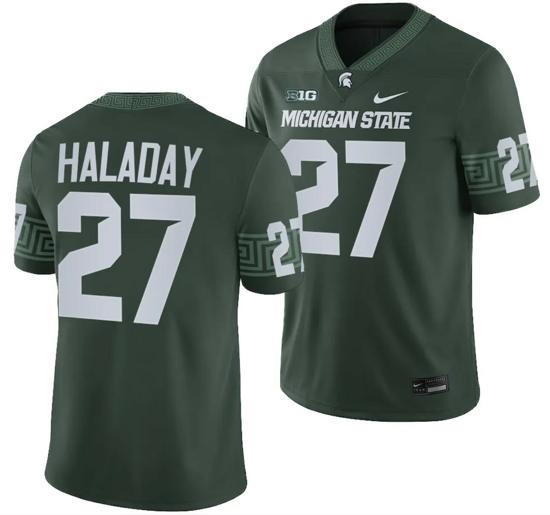 Men's Michigan State Spartans Cal Haladay Jersey #27 College Football Game 2023 Green