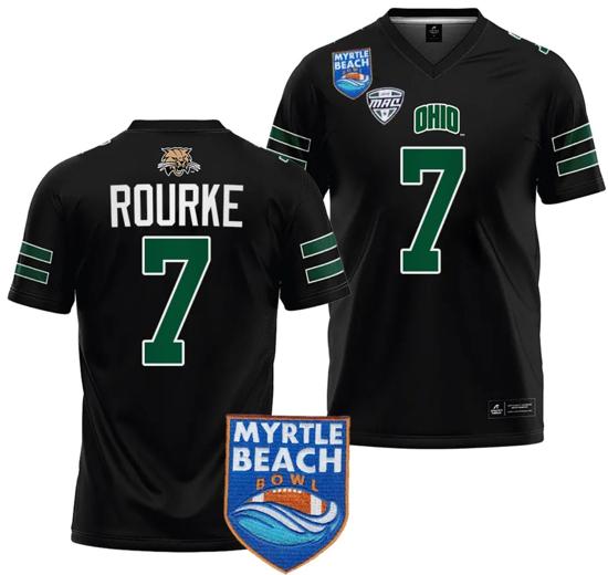 Men's Kurtis Rourke Jersey #7 Ohio Bobcats 2023 Myrtle Beach Bowl Patch College Football Black