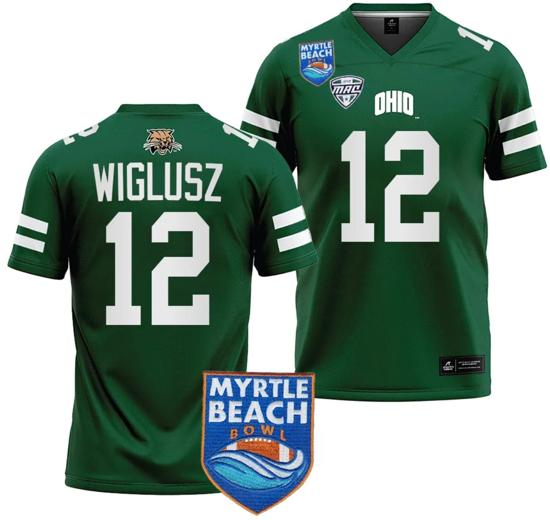 Men's Sam Wiglusz Jersey #12 Ohio Bobcats 2023 Myrtle Beach Bowl Patch College Football Green