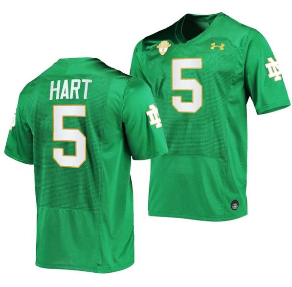 Men's Notre Dame Fighting Irish Cam Hart Jersey #5 College Football Kelly Green 2023