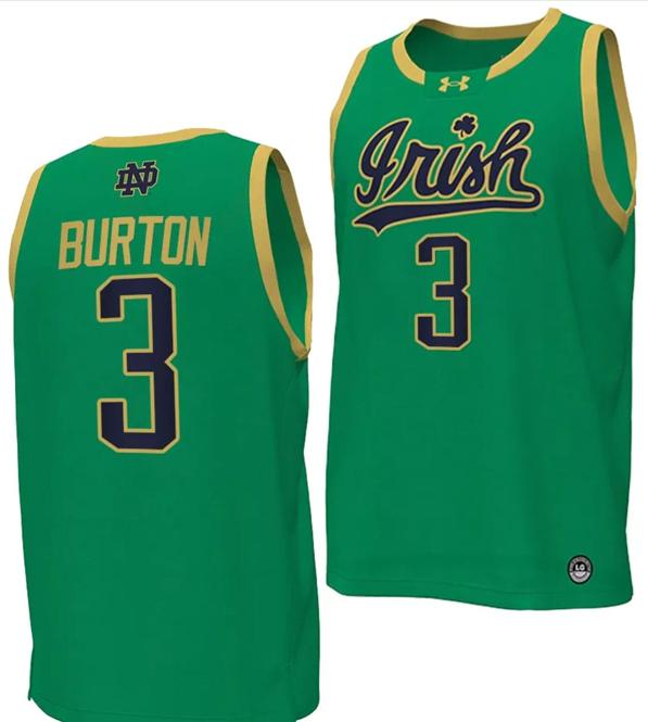 Men's Markus Burton Jersey #3 Notre Dame Fighting Irish Basketball uniform Green