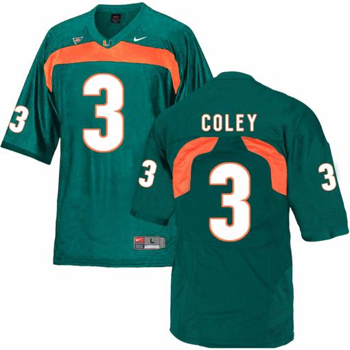 Men's Miami Hurricanes #3 Coley NCAA College Football Jersey Green