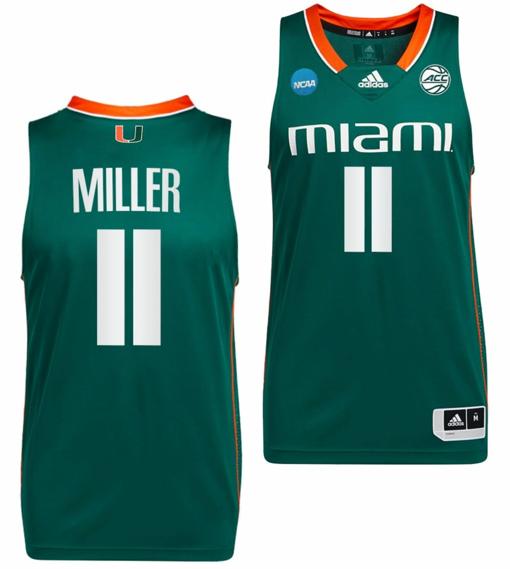 Men's Jordan Miller Jersey #11 Miami Hurricanes 2023 NCAA March Madness Green College Basketball