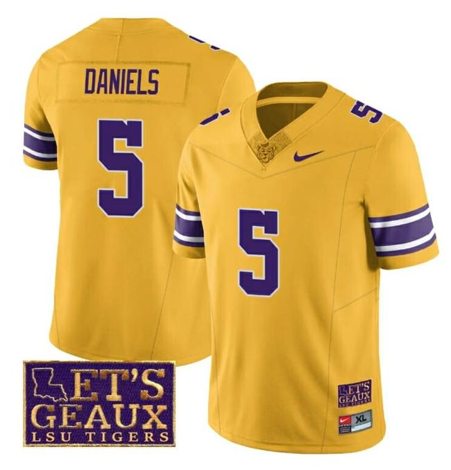 Men's Lsu Tigers Jayden Daniels Jersey #5 College Football Let's Geaux Patch Stitched Yellow