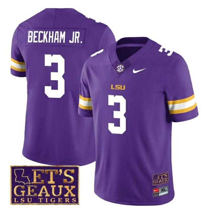 Men's Lsu Tigers Odell Beckham Jr Jersey #3 College Football Let's Geaux Patch Stitched Purple