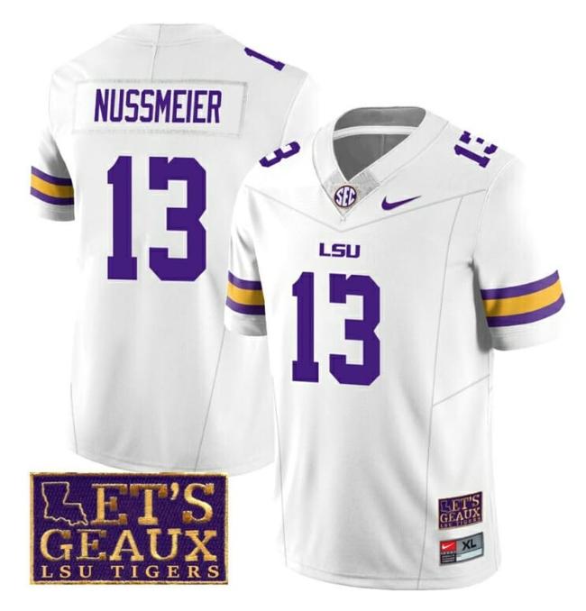 Men's Lsu Tigers Garrett Nussmeier Jersey #13 College Football Let's Geaux Patch Stitched White