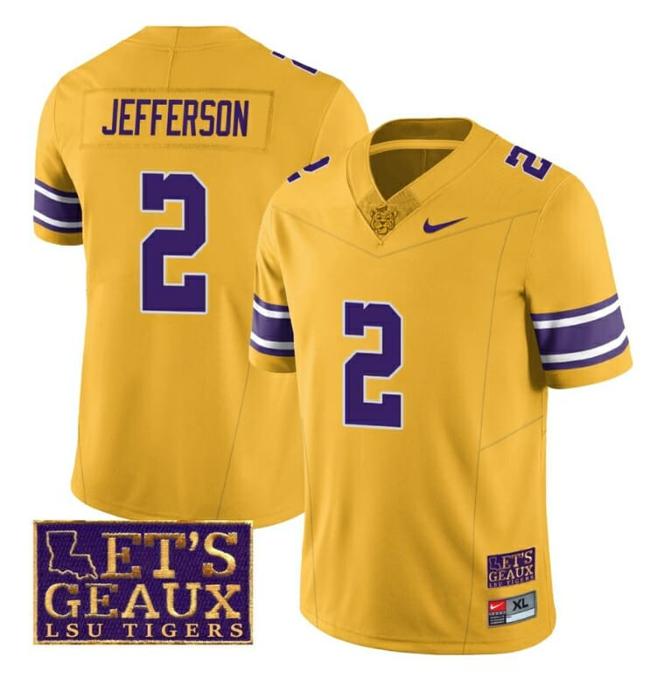 Men's Lsu Tigers Justin Jefferson Jersey #2 College Football Let's Geaux Patch Stitched Yellow