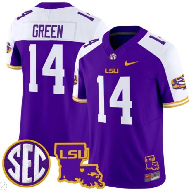 Men's Trey'Dez Green Jersey #14 LSU Tigers 2024 Louisiana Patch Vapor Limited College Football Stitched Purple Alternate