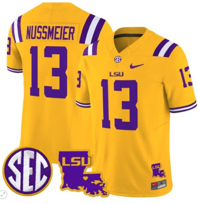 Men's Garrett Nussmeier Jersey #13 LSU Tigers 2024 Louisiana Patch Vapor Limited College Football Stitched Gold