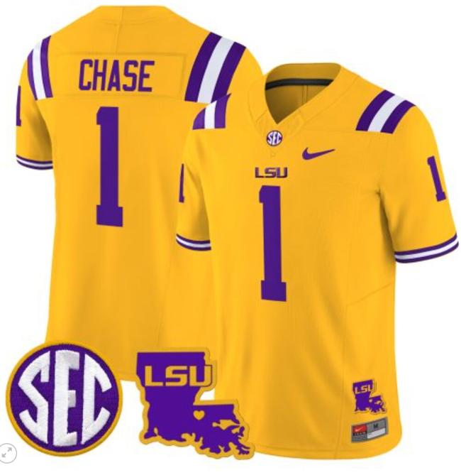 Men's Ja'Marr Chase Jersey #1 LSU Tigers 2024 Louisiana Patch Vapor Limited College Football Stitched Gold