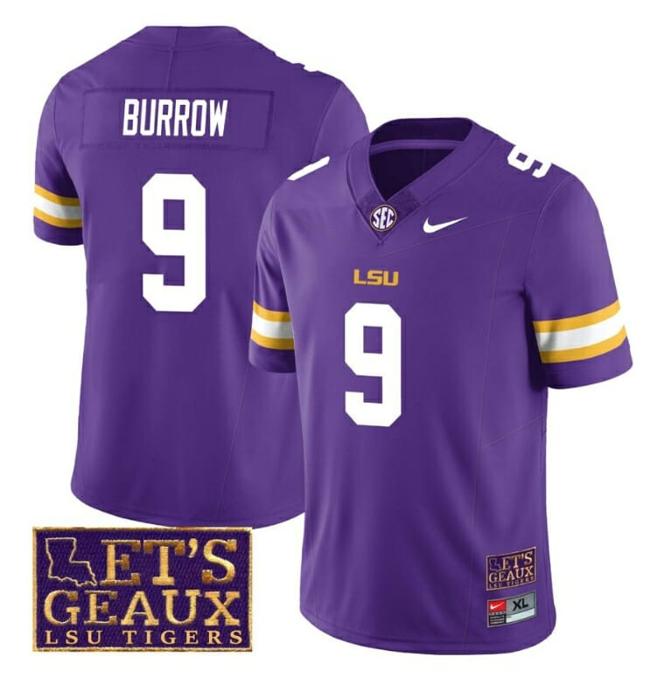 Men's Lsu Tigers Joe Burrow Jersey #9 College Football Let's Geaux Patch Stitched Purple