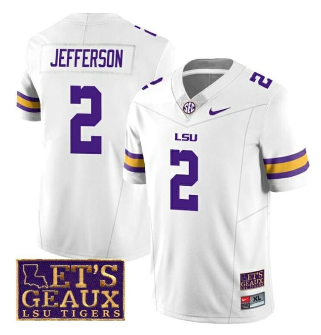 Men's Lsu Tigers Justin Jefferson Jersey #2 College Football Let's Geaux Patch Stitched White