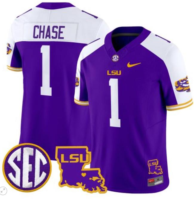 Men's Ja'Marr Chase Jersey #1 LSU Tigers 2024 Louisiana Patch Vapor Limited College Football Stitched Purple Alternate