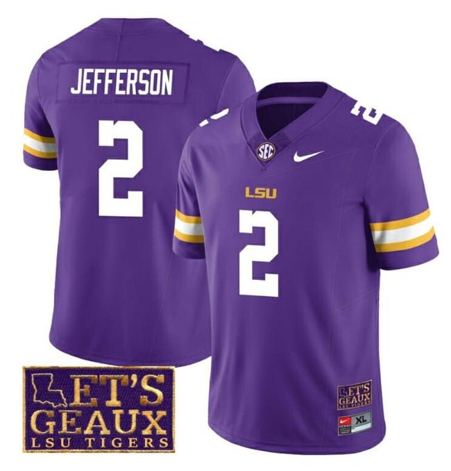 Men's Lsu Tigers Justin Jefferson Jersey #2 College Football Let's Geaux Patch Stitched Purple