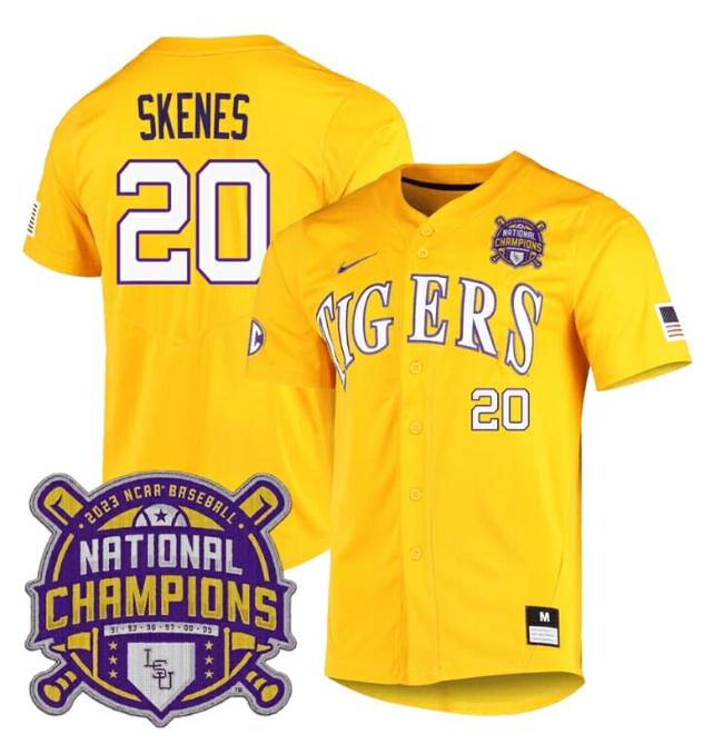 Men's Lsu Tigers Paul Skenes Jersey #20 National Champions NCAA College Baseball Stitched Gold